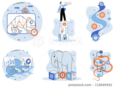 Adaptability, flexibility, resilience. A collection of visuals including chameleons, an elephant, graphs, gears, pathways, a person, and building blocks, emphasizing themes like change management Adaptability, flexibility, resilience. A collection of visuals including chameleons, an elephant, graphs, gears, pathways, a person, and building blocks, emphasizing themes like change management 118689492