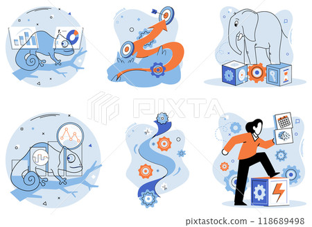 Adaptability, flexibility, resilience. Different animal and gear metaphors convey adapting to new business strategies and processes. Ideal for business growth, innovation, change management 118689498
