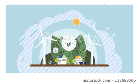 Clean energy concept. Houses harnessing wind energy with turbines and solar panels under a sunny sky. Ideal for illustrating renewable energy, sustainability, eco-friendly living, green energy 118689500