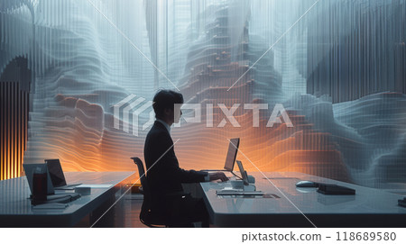在黑暗的辦公室裡用電腦工作的商人 118689580