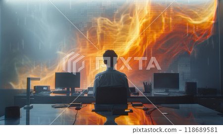 在黑暗的辦公室裡用電腦工作的商人 118689581