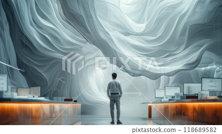 一個人在擺滿電腦的辦公室裡獨自思考 118689582