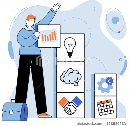 Businessman developing new idea, successful novation technology. Business startup and entrepreneurship. Burning light bulb as symbol of new project. Person planning idea of technology development 118689583