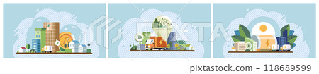 Clean energy concept. Modern cityscape with green buildings, electric vehicles, recycling, and solar panels. Ideal for sustainable development, eco-friendly urban planning, renewable resources, green 118689599