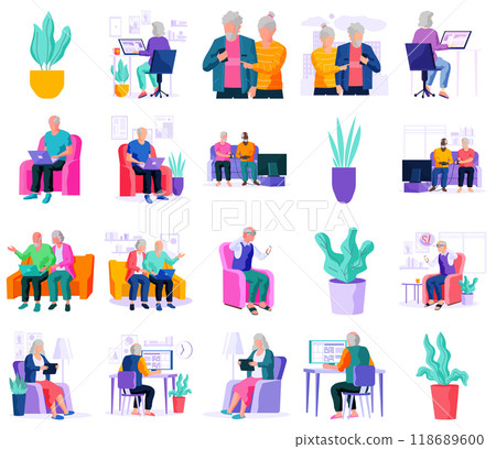 Old people. Elderly individuals are engaging in different activities such as using computers, reading, and interacting with others. Ideal for senior lifestyle, gerontology, technology use, social 118689600