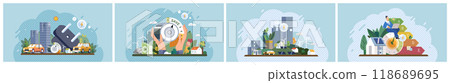Clean energy concept. Four scenes highlight solar panels, a wind turbine, urban structures utilizing green energy, and eco-conscious city living. Ideal for sustainability, renewable resources 118689695