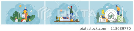 Clean energy concept. First image shows solar panel installation, second one depicts electricity production using wind turbines, and third one shows eco-friendly home construction. Ideal 118689770