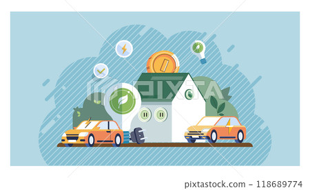 Clean energy concept. Two electric cars parked beside a house with green energy icons surrounding it. Ideal for renewable energy, electric vehicles, sustainable living, environmental conservation Clean energy concept. Two electric cars parked beside a house with green energy icons surrounding it. Ideal for renewable energy, electric vehicles, sustainable living, environmental conservation 118689774