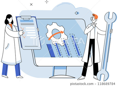 Business people have project strategy planning meeting. Colleagues work with computer and data. Teamwork with statistics analysis, discussion data report. Successful project planning and analysing 118689784