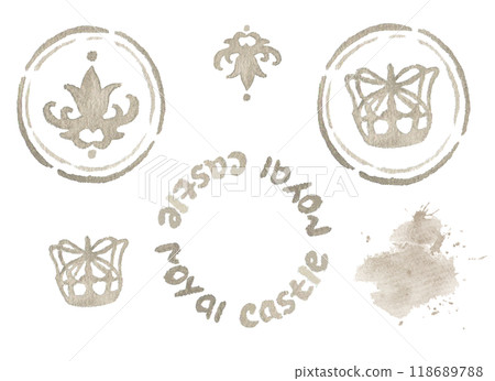 A set of watercolor imprints with royal and postal themes. Featuring crowns and ornate stamps, the hand drawn illustrations in soft pastel tones add elegance to invitations, or vintage-style designs 118689788
