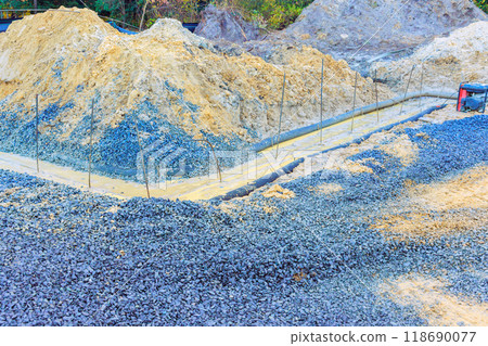 Formwork installation for pouring concrete on building site after preparation of ground foundation 118690077