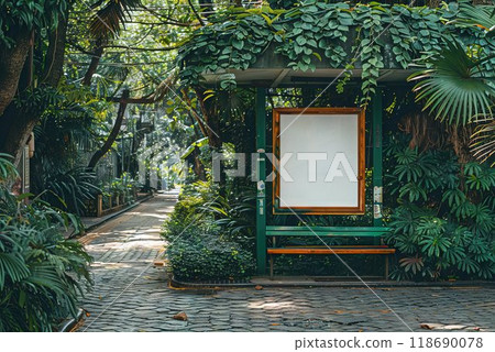 Mockup Photography of a Showcase a white bus stop poster with a green suburban background Generative AI 118690078