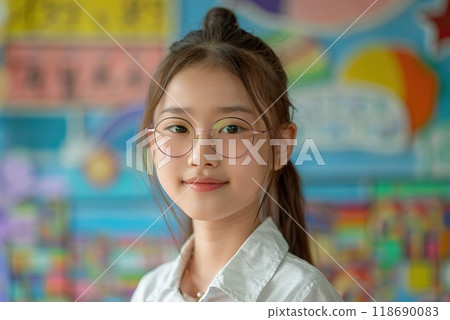 Funny smiling child girl with glasses standing in front of a colorful classroom background Funny smiling child girl with glasses standing in front of a colorful classroom background 118690083