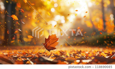 Autumn background with golden autumn leaves falling on the ground in a forest Generative AI Autumn background with golden autumn leaves falling on the ground in a forest Generative AI 118690085