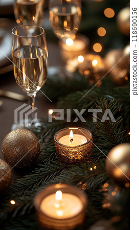 Family Celebrating New Years Dinner with Golden Decor 118690156
