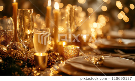Family Celebrating New Years Dinner with Golden Decor 118690157