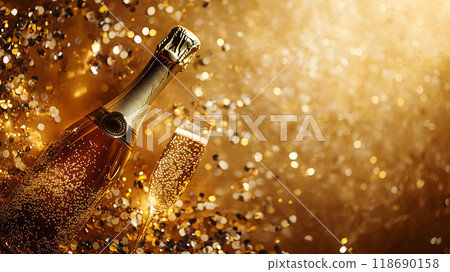 Family Celebrating New Years Dinner with Golden Decor 118690158