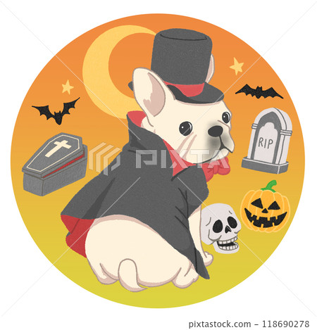 French bulldog sitting and looking back in a vampire Dracula costume [White, Halloween background available] 118690278