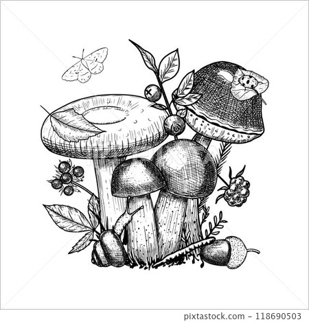 Hand drawn mushrooms with acorn, moss, berries, snail. Vector illustration 118690503