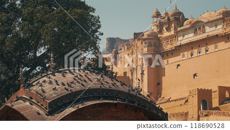Pigeons Sitting On One Of Roofs Of Gate. Amer Fort Or Amber Fort Is Visible In Background. Amber Fort, Amer Palace Is Great Example Of Rajput Architecture. Amber Fort Principal Tourist Attraction In 118690528