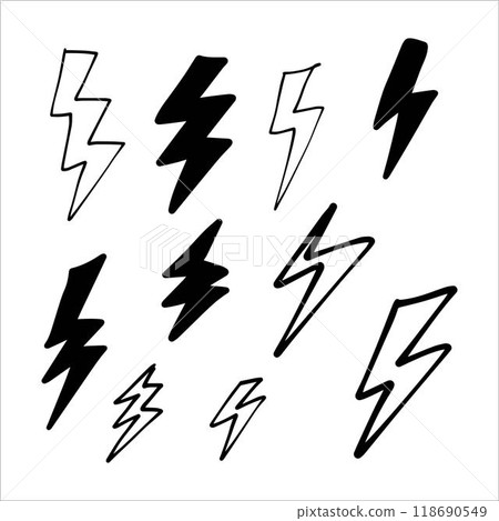 Lightning bolt hand drawn icon for thunderstorm electricity power energy flash strike illustration symbol Lightning bolt hand drawn icon for thunderstorm electricity power energy flash strike illustration symbol 118690549