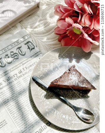 Enjoy tea time with chocolate cake Enjoy tea time with chocolate cake 118690715