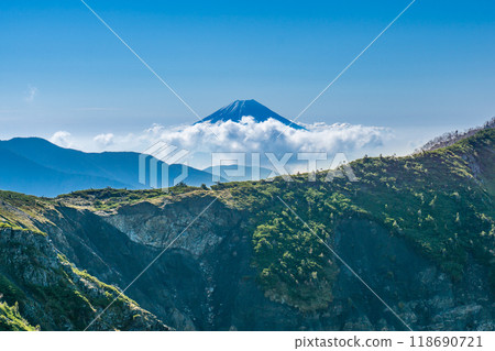 Climbing Mount Ogouchi in the Southern Alps in early summer - Mount Fuji seen from the shoulder of Mount Eboshi Climbing Mount Ogouchi in the Southern Alps in early summer - Mount Fuji seen from the shoulder of Mount Eboshi 118690721