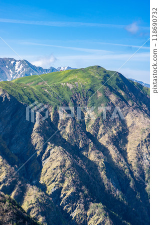 Climbing Mt. Ogouchi in the Southern Alps in early summer - Mt. Ogouchi seen from the summit of Mt. Eboshi Climbing Mt. Ogouchi in the Southern Alps in early summer - Mt. Ogouchi seen from the summit of Mt. Eboshi 118690732