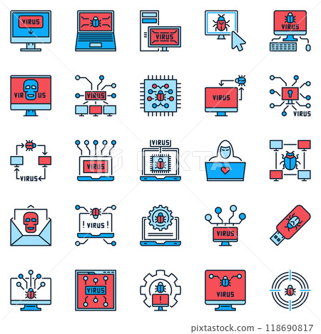 Computer Virus colored icons set. PC Viruses and Bugs vector signs 118690817