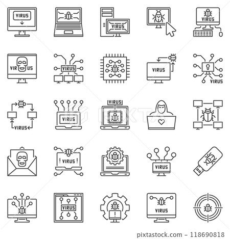 Computer Virus outline icons set - PC bugs and Viruses concept vector line symbols Computer Virus outline icons set - PC bugs and Viruses concept vector line symbols 118690818
