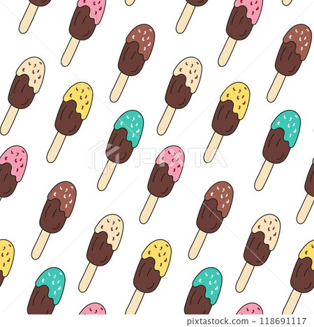 Popsicle with chocolate glaze and sweet sprinkles vector patterns endless. Cold colorful dessert, popsicle on stick. Seamless pattern for wallpaper, fabric, packaging, background. 118691117