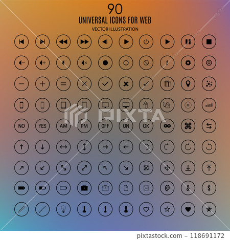 set of universal icons for the internet and mobile media devices on the blurred abstract background. vector illustration 118691172