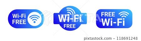 Blue wifi sticker with gradient. Hotspot emblem for internet place. Blue wifi sticker with gradient. Hotspot emblem for internet place. 118691248