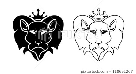 Lion heads with corona. Leo black emblems. Luxury dark tattoo. Lion heads with corona. Leo black emblems. Luxury dark tattoo. 118691267