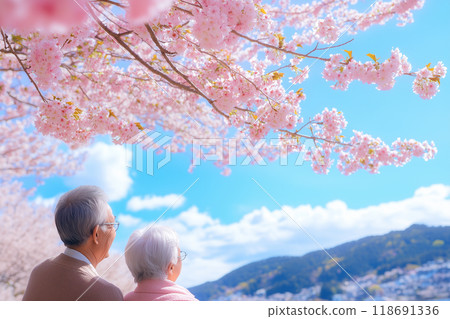 Senior couple looking up cherry blossoms 118691336