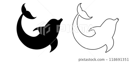 Two dolphin symbols. Abstract black and white dolphin silhouettes for tattoo. Two dolphin symbols. Abstract black and white dolphin silhouettes for tattoo. 118691351