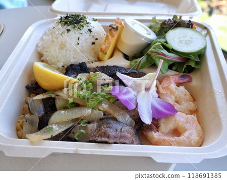 Hawaii Plate Lunch Steak Garlic Shrimp 118691385