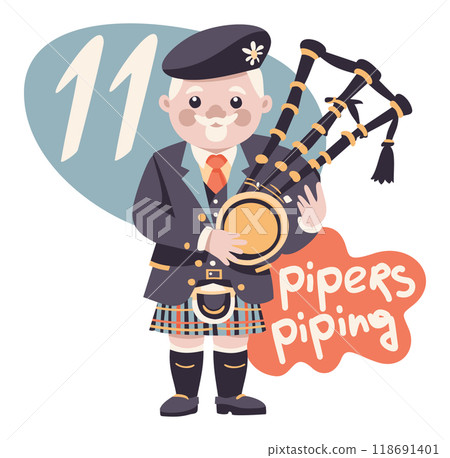 Eleven pipers piping. The twelve days of Christmas. English Christmas carol. Fourth day. Vector isolated illustration Eleven pipers piping. The twelve days of Christmas. English Christmas carol. Fourth day. Vector isolated illustration 118691401