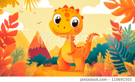 Cute baby dinosaur smiling in lush prehistoric landscape 118691503