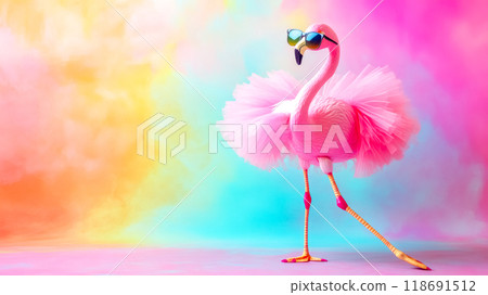 Pink flamingo wearing sunglasses and tutu posing on colorful background 118691512