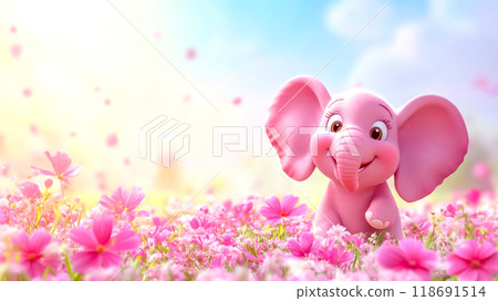 Cute pink elephant smiling and sitting in a field of flowers 118691514