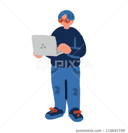 A simple, flat illustration of a man using a computer 118691599