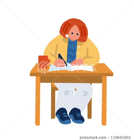 一個簡單而扁平的女人在書桌前學習的插圖 一個簡單而扁平的女人在書桌前學習的插圖 118691602