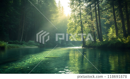 A bright and peaceful view of a lush forest with a crystal clear stream that reveals the rocks beneath. Sunlight filters through tall trees. No people. A natural scene suitable for ecotourism. 118691878