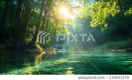 A bright and peaceful view of a lush forest with a crystal clear stream that reveals the rocks beneath. Sunlight filters through tall trees. No people. A natural scene suitable for ecotourism. 118691879