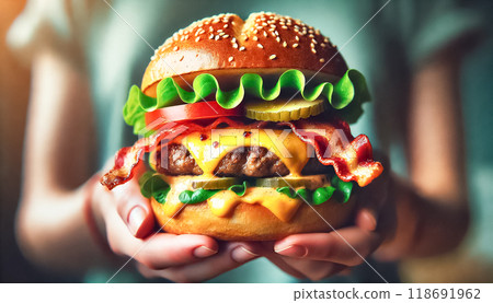 A mouthwatering close-up of a juicy cheeseburger held by a person, featuring melted cheese, crispy bacon, fresh lettuce, tomato, and pickles all packed between a soft golden bun. The blurred 118691962