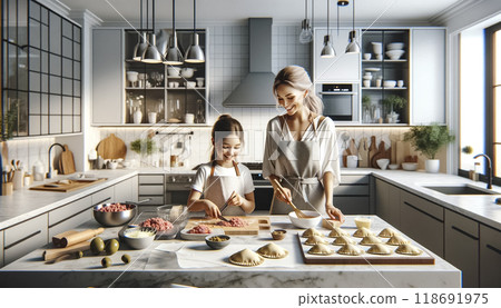 An extreme close-up captures the hands of a mother and her young daughter as they meticulously prepare empanadas, highlighting the beauty and detail of their culinary collaboration in a modern kitchen 118691975