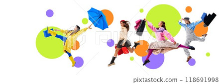 Banner. Contemporary art collage. Leaping through sales bubbles with style, group of friends fully immersed in shopping frenzy. Discounts and deals everywhere. 118691998