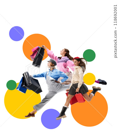 Poster. Contemporary art collage. Excited shoppers sprint toward sales with bags in hand, ready to grab Black Friday's best deals in style. 118692001
