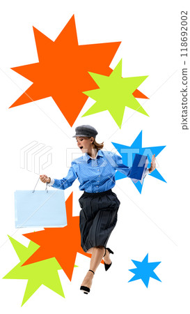 Poster. Contemporary art collage. Shocked and excited, shopper ready to take on Black Friday's epic deals, with bags in hand and stars lighting way. 118692002